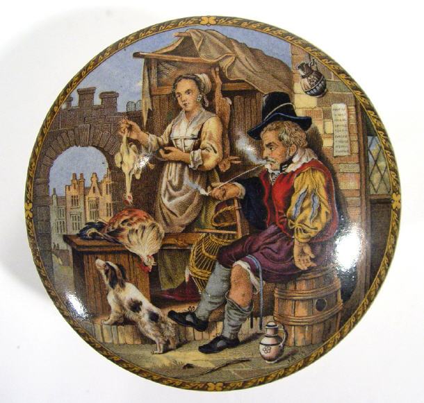 Appraisal: Victorian Prattware pot lid depicting figures with chickens cm diameter