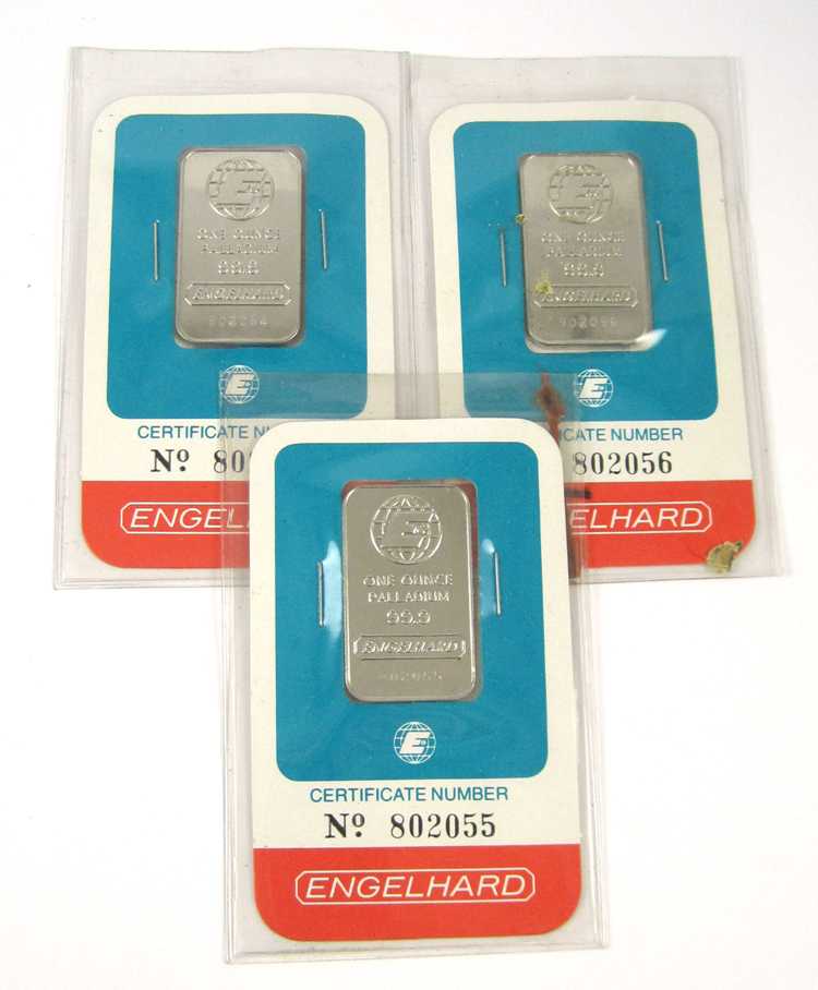 Appraisal: THREE ENGELHARD PALLADIUM INGOTS each a one troy ounce rectangular