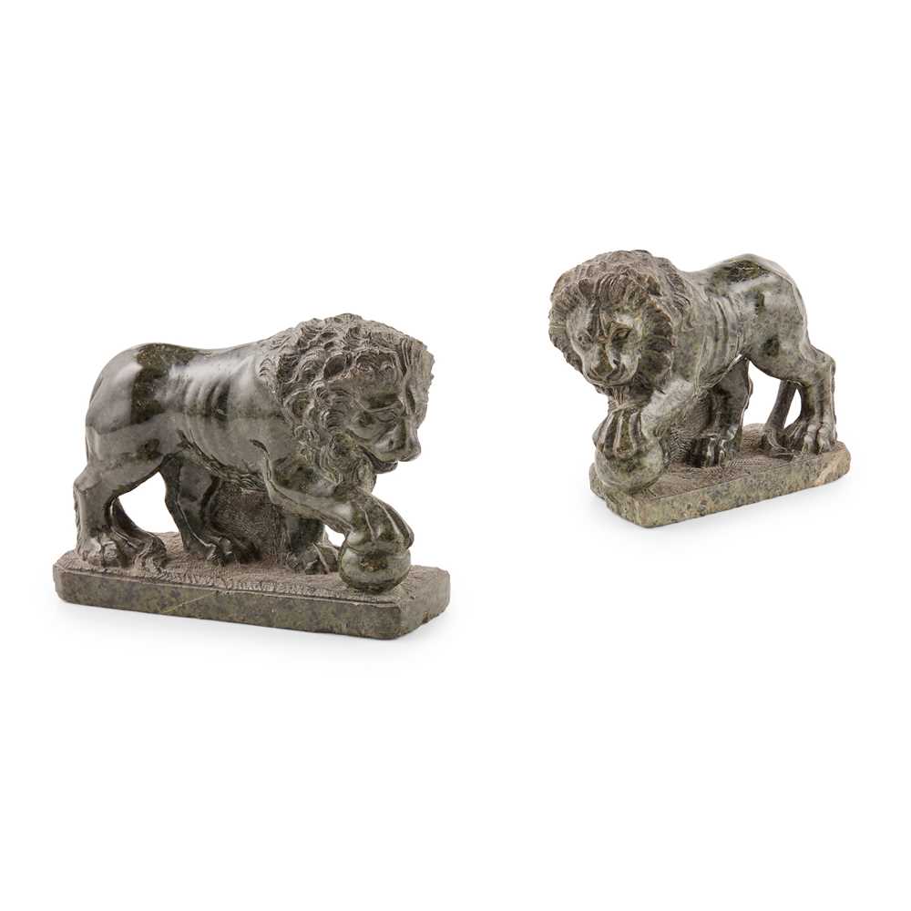 Appraisal: AFTER THE ANTIQUE PAIR OF SERPENTINE MEDICI LIONS typically carved