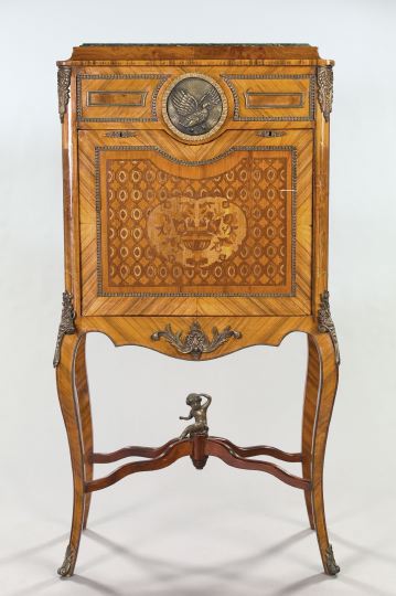 Appraisal: Louis XV-Style Parquetry-Inlaid and Cast-Brass-Mounted Drop-Front Desk the top with