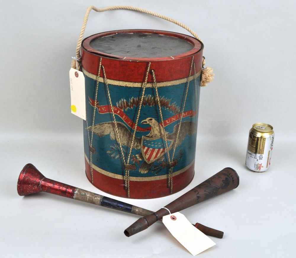 Appraisal: Three Vintage Political Themed Toleware Items comprising a biscuit tin