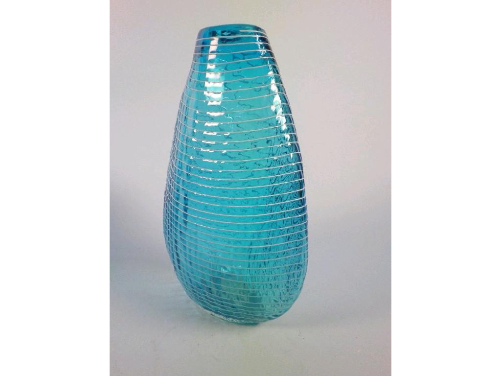 Appraisal: A blue art glass vase with white trailed decoration cm