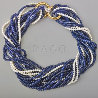 Appraisal: CTS SAPPHIRE AND AKOYA PEARL TORSADE Six looped strands of