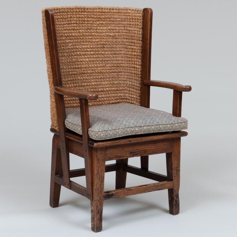 Appraisal: Scottish Oak and Rush Tall-Back Child's Armchair Orkney Fitted with