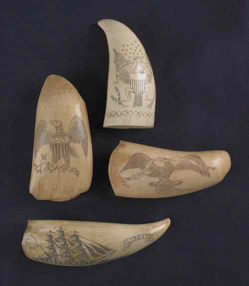 Appraisal: Four scrimshaw whale teeth with patriotic motifs longest -