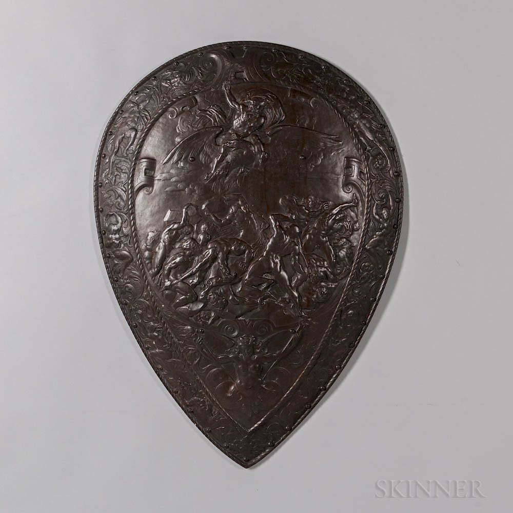 Appraisal: Decorative Embossed Iron Battle Shield Decorative Embossed Iron Battle Shield