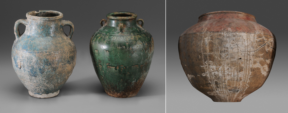 Appraisal: Three Pieces Ancient Pottery two-handled urn with iridescent turquoise glaze