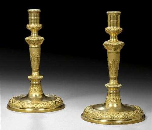 Appraisal: PAIR OF GILT BRONZE CANDLE HOLDERS R gence Paris circa