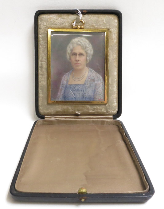 Appraisal: MINIATURE PORTRAIT PAINTING ON CELLULOID woman in a blue dress