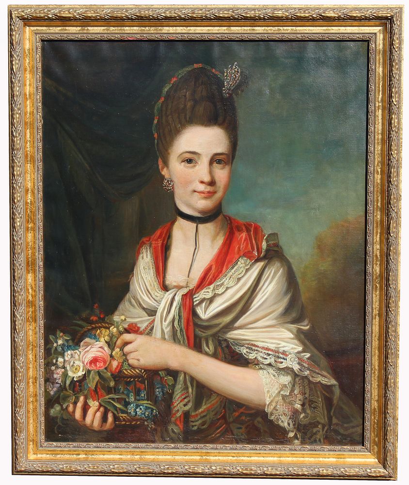 Appraisal: European School Painting of Woman Holding Flowers European School Painting