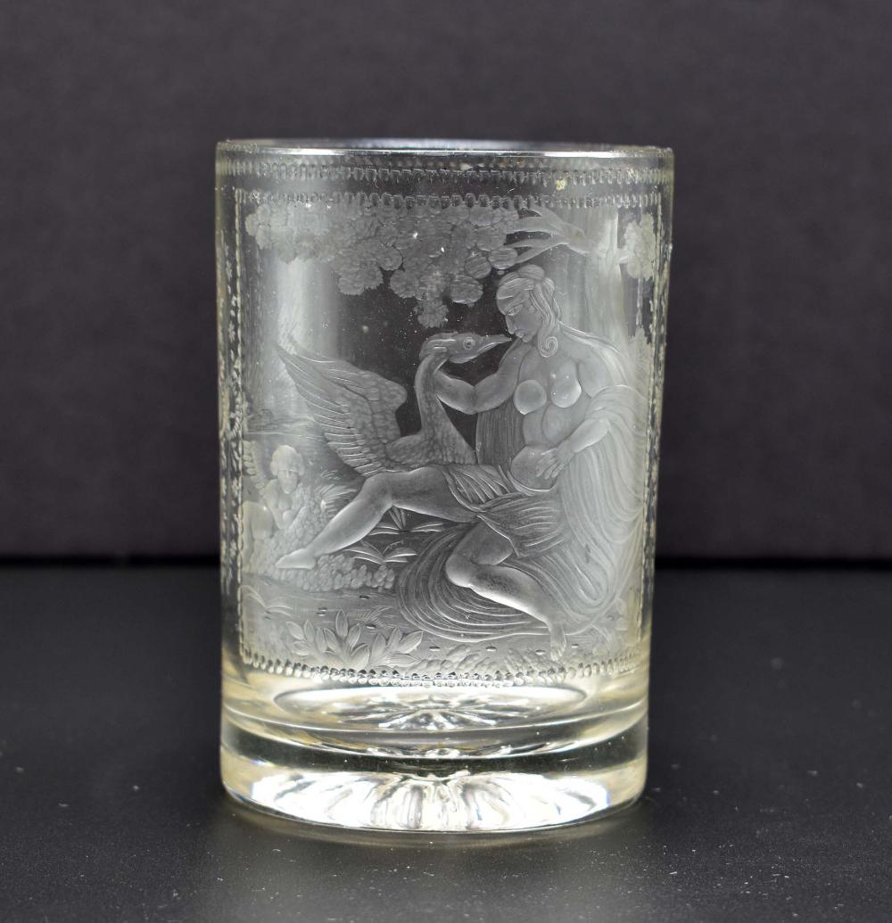 Appraisal: BOHEMIAN ENGRAVED COLORLESS GLASS BEAKER th Century Decorated with the