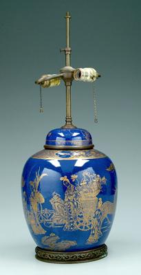 Appraisal: Chinese powder blue lidded jar gilt decoration with four ladies