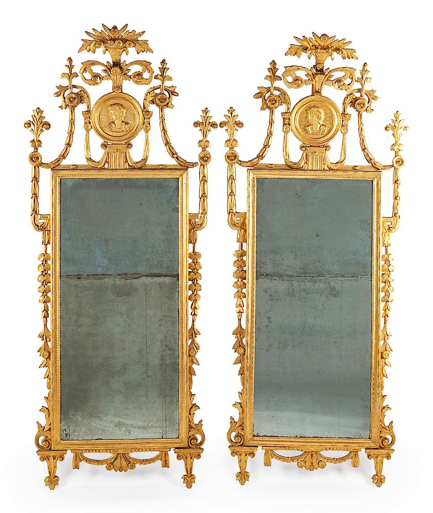 Appraisal: A Pair of Italian Neoclassical Giltwood Mirrors A Pair of