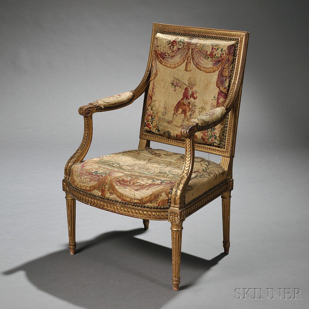 Appraisal: Louis XVI-style Giltwood Fauteuil late th century the square back