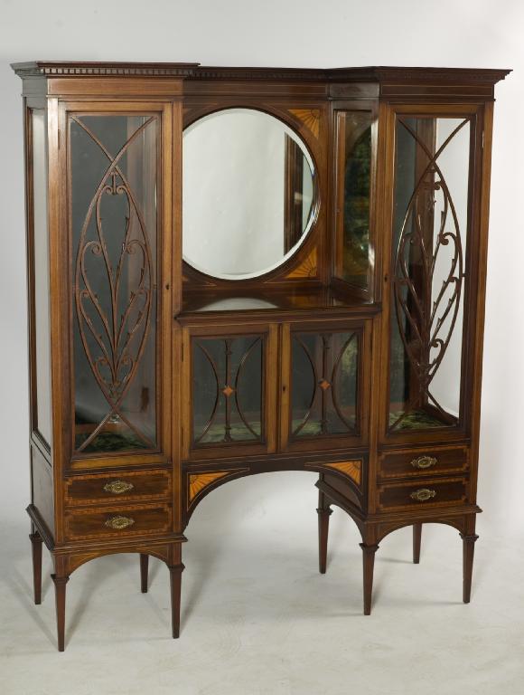 Appraisal: GOOD EDWARDIAN INLAID MAHOGANY VITRINE CABINET with dentilled cornice the