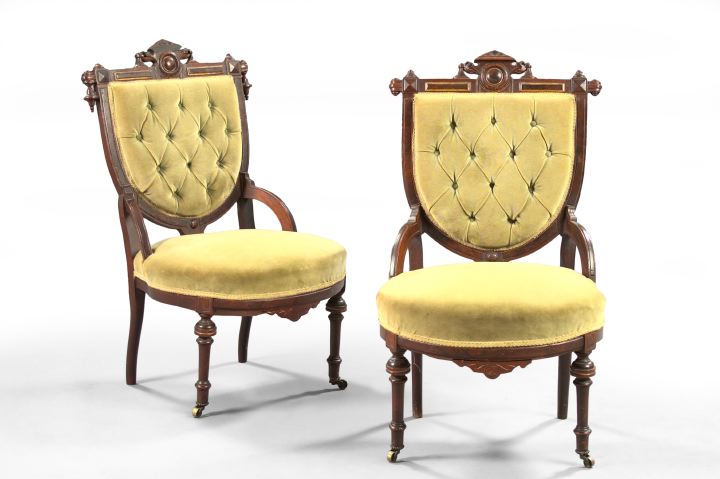 Appraisal: Pair of American Renaissance Revival Burl Walnut Bustle Chairs third