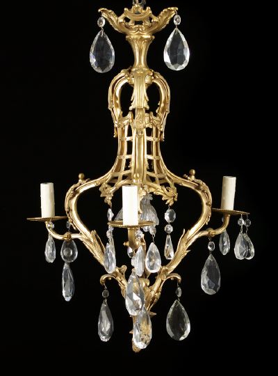 Appraisal: French Gilt-Lacquered Bronze and Cut Glass Four-Light Foyer Chandelier in