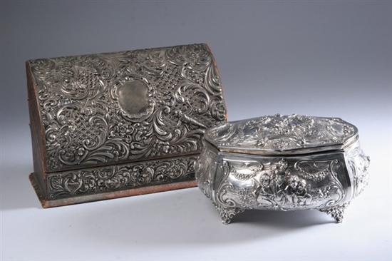 Appraisal: EDWARD VII SILVER-MOUNTED LETTER BOX AND CONTINENTAL SILVER BOX Leather