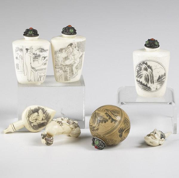 Appraisal: ASIAN Seven erotic snuff bottles or ivory carvings Japan th