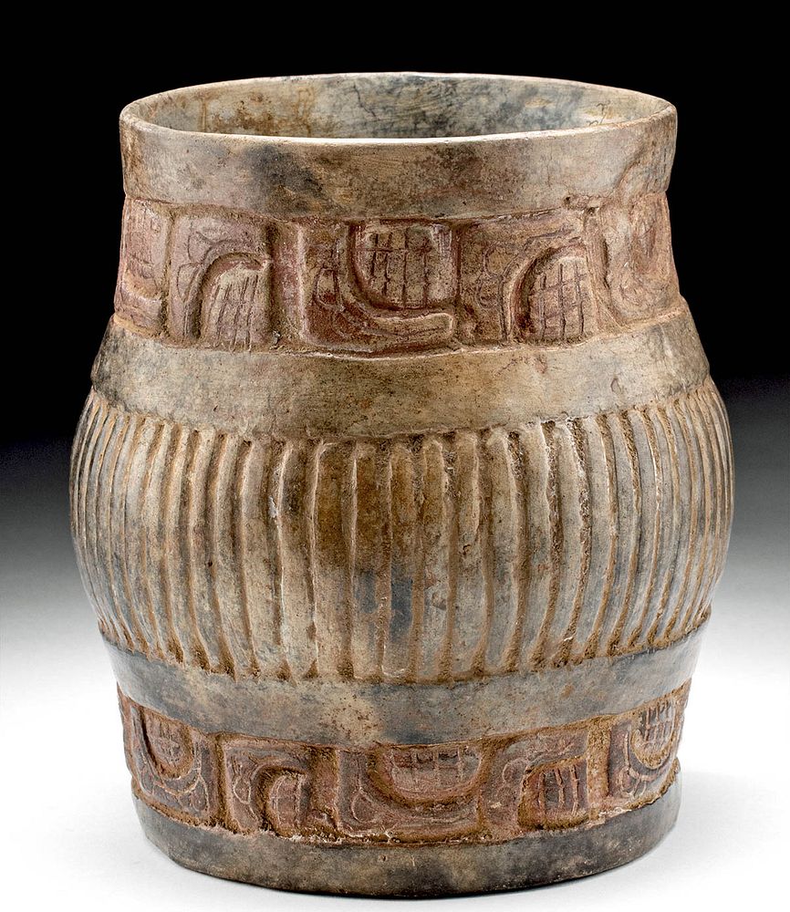 Appraisal: Maya Pottery Fluted Cylinder Vessel w Glyphs Pre-Columbian Mexico and