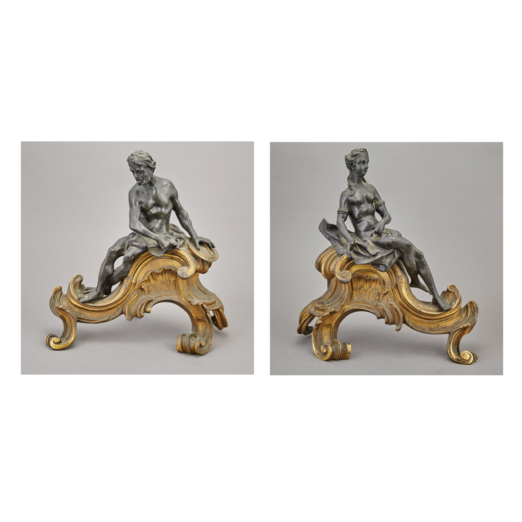 Appraisal: Pair of Louis XV Style Gilt and Patinated-Bronze Chenets Each