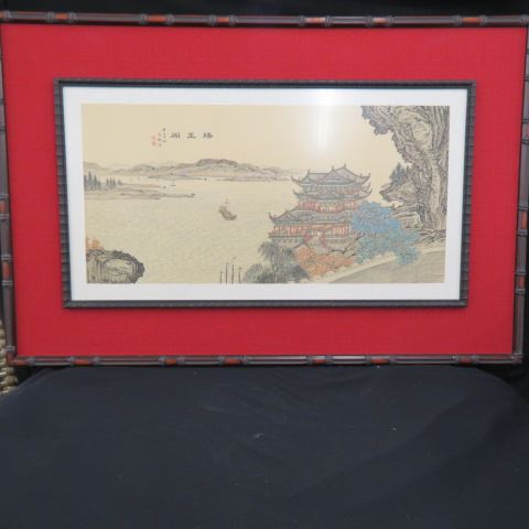 Appraisal: Large Oriental Painting on Silk temple along the waterfront X