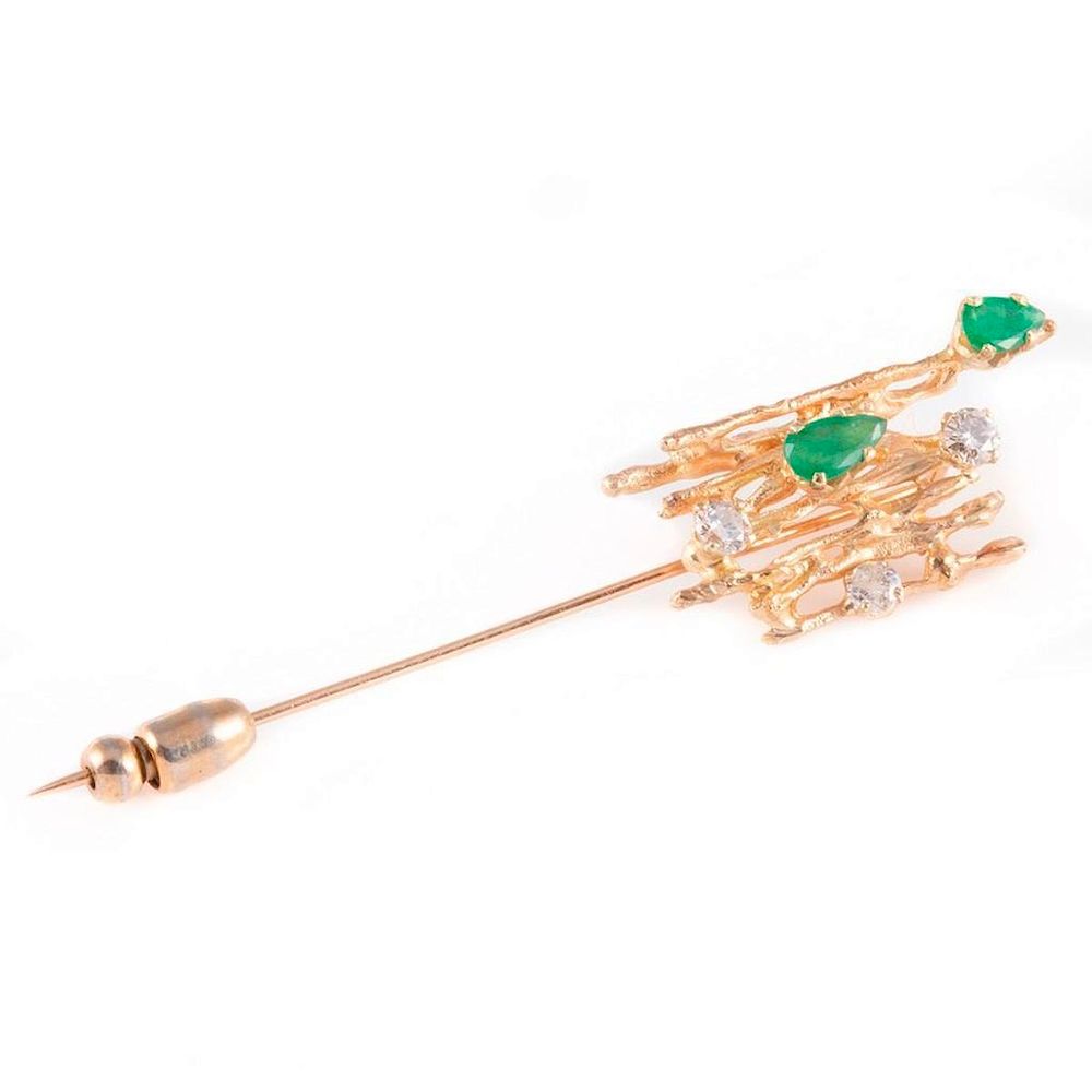 Appraisal: Emerald diamond k gold stick pin set with round brilliant-cut