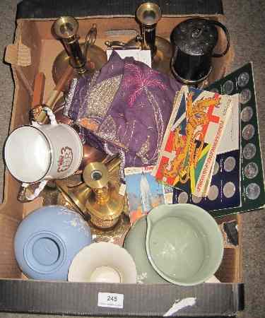 Appraisal: Tray of Various Pottery Brass Ware to include Brass CandleSticks