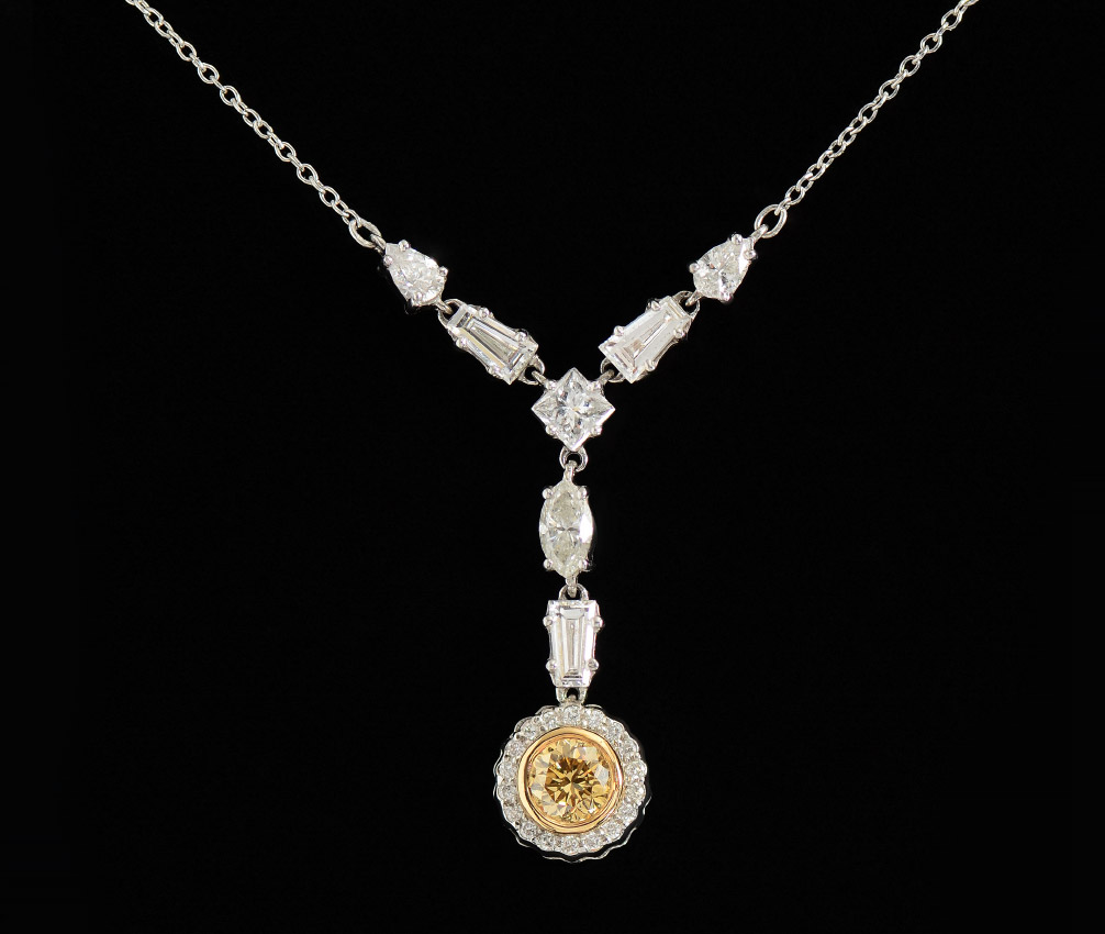 Appraisal: PLATINUM FANCY YELLOW DIAMOND DROP NECKLACE Handmade platinum necklace featuring