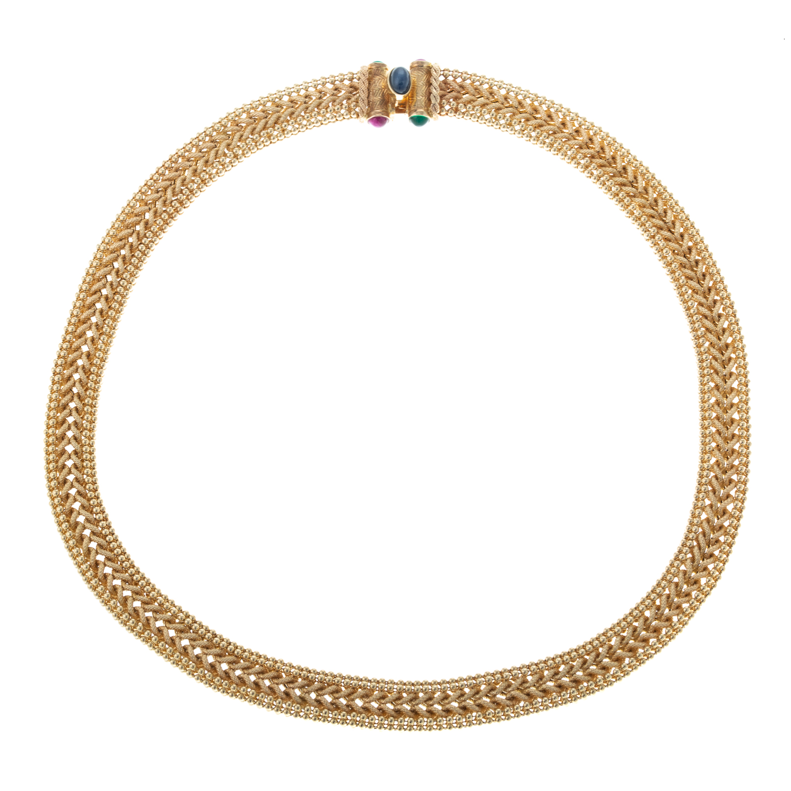 Appraisal: A WIDE K WOVEN NECKLACE WITH GEMSTONE CLASP K yellow