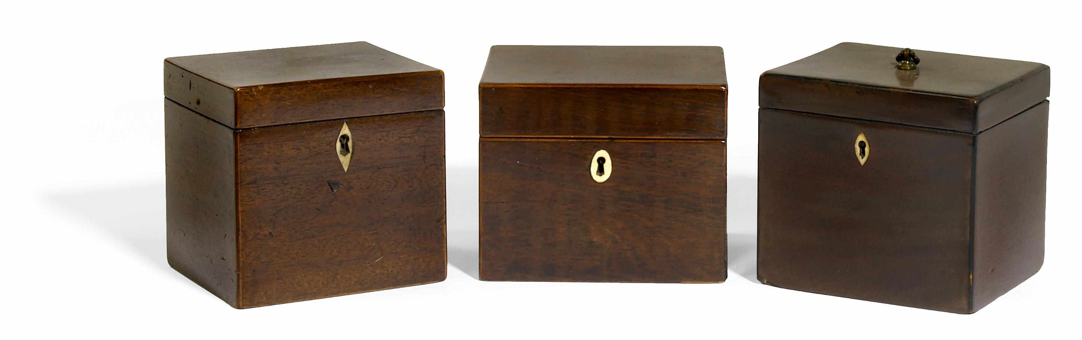 Appraisal: A group of three George lll mahogany tea caddies early