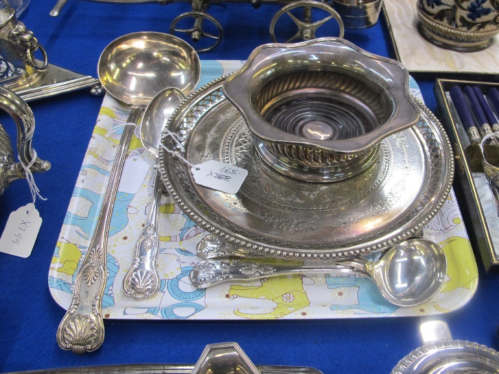 Appraisal: A lot comprising wine coaster salver pair of sauce ladles