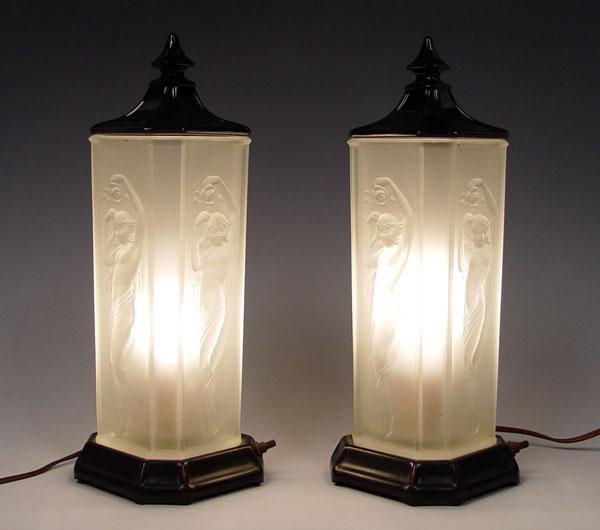 Appraisal: PAIR VINTAGE DECO SATIN GLASS LAMPS Embossed draped nude figures