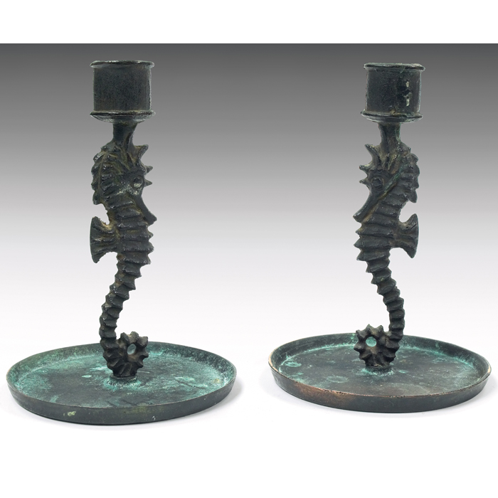 Appraisal: E T Hurley candlesticks pair sea horse forms in copper