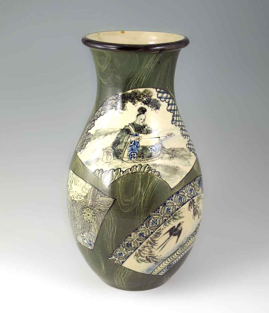 Appraisal: SIGNED JAPANESE HAND PAINTED EARTHENWARE VASE Hand painted images in