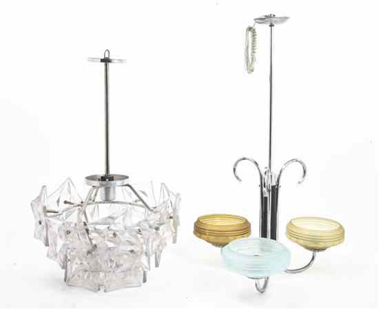 Appraisal: An Art Deco Nickeled and Opaline Glass Three-Light Fixture together