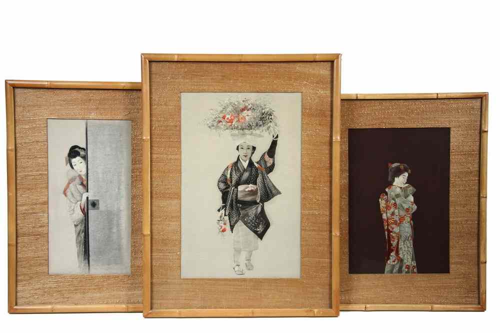 Appraisal: JAPANESE SILKWORK PORTRAITS - Including Flower Seller with basket of