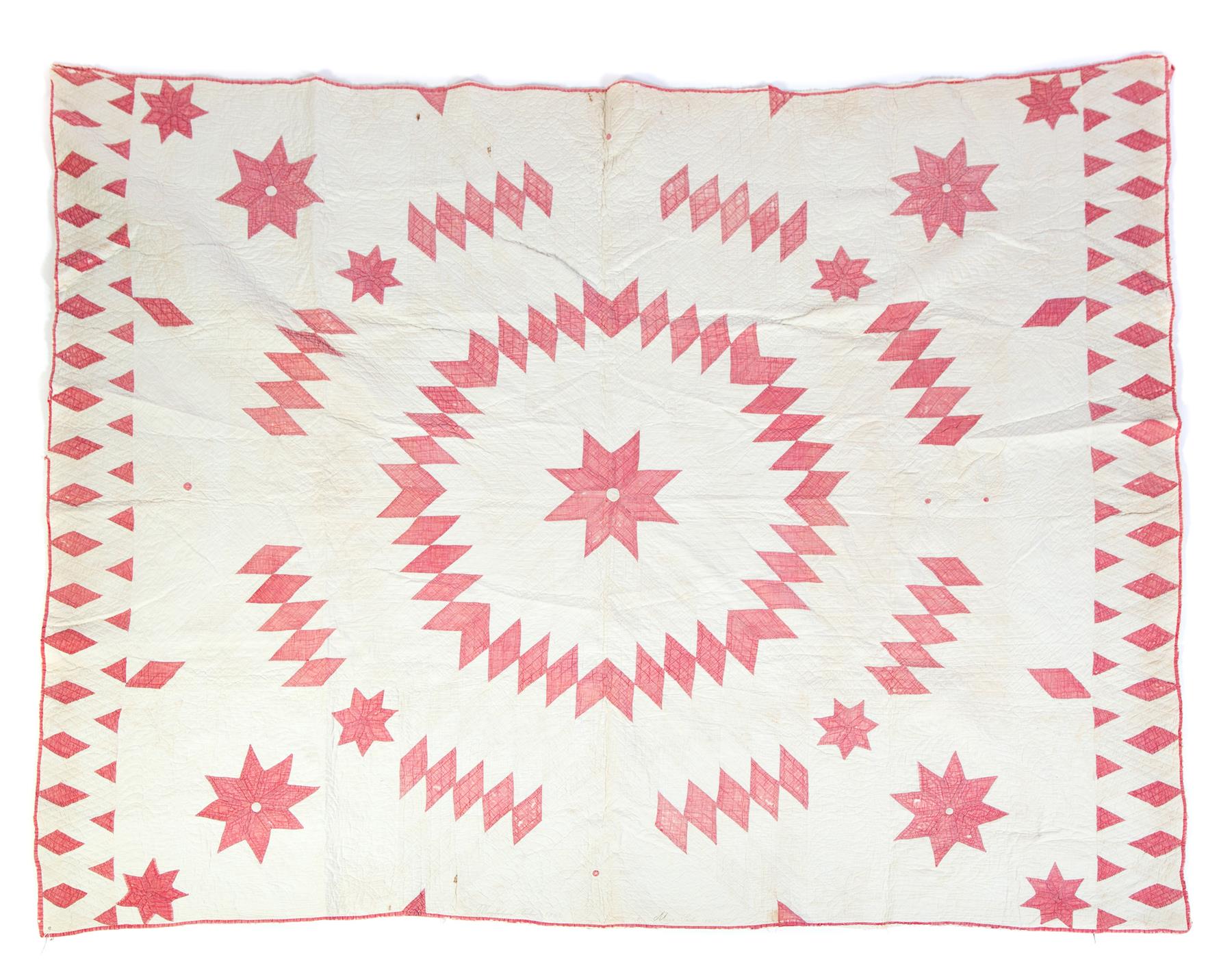 Appraisal: TWO RED AND WHITE QUILTS American cotton Broken Star variation