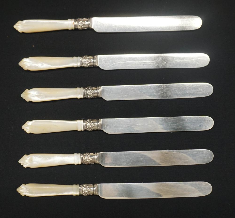 Appraisal: SIX CARVED MOTHER OF PEARL HANDLE DINNER KNIVES RETAILED BY