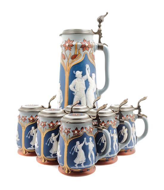 Appraisal: Sale Lot A Mettlach Pewter Mounted Stein Set early th