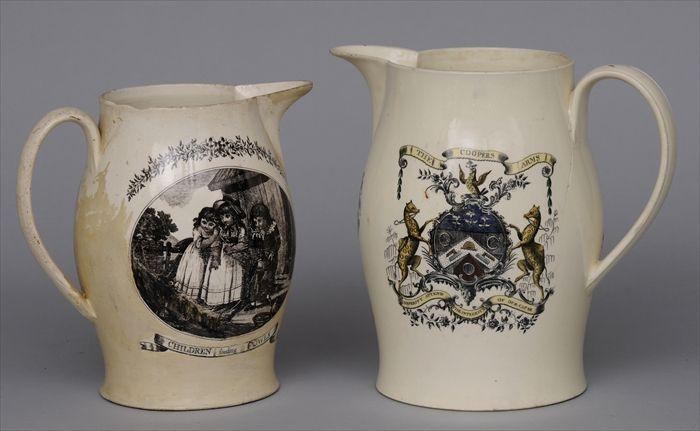 Appraisal: LIVERPOOL TRANSFER-PRINTED AND POLYCHROMED CREAMWARE PITCHER Decorated with The Coopers'