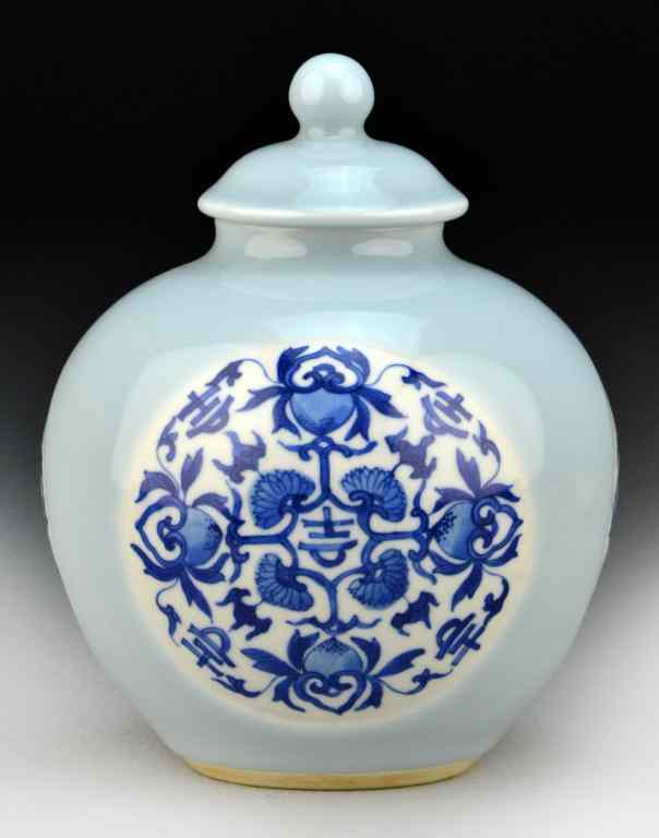 Appraisal: Chinese Blue White Porcelain Covered JarWith three roundles painted to