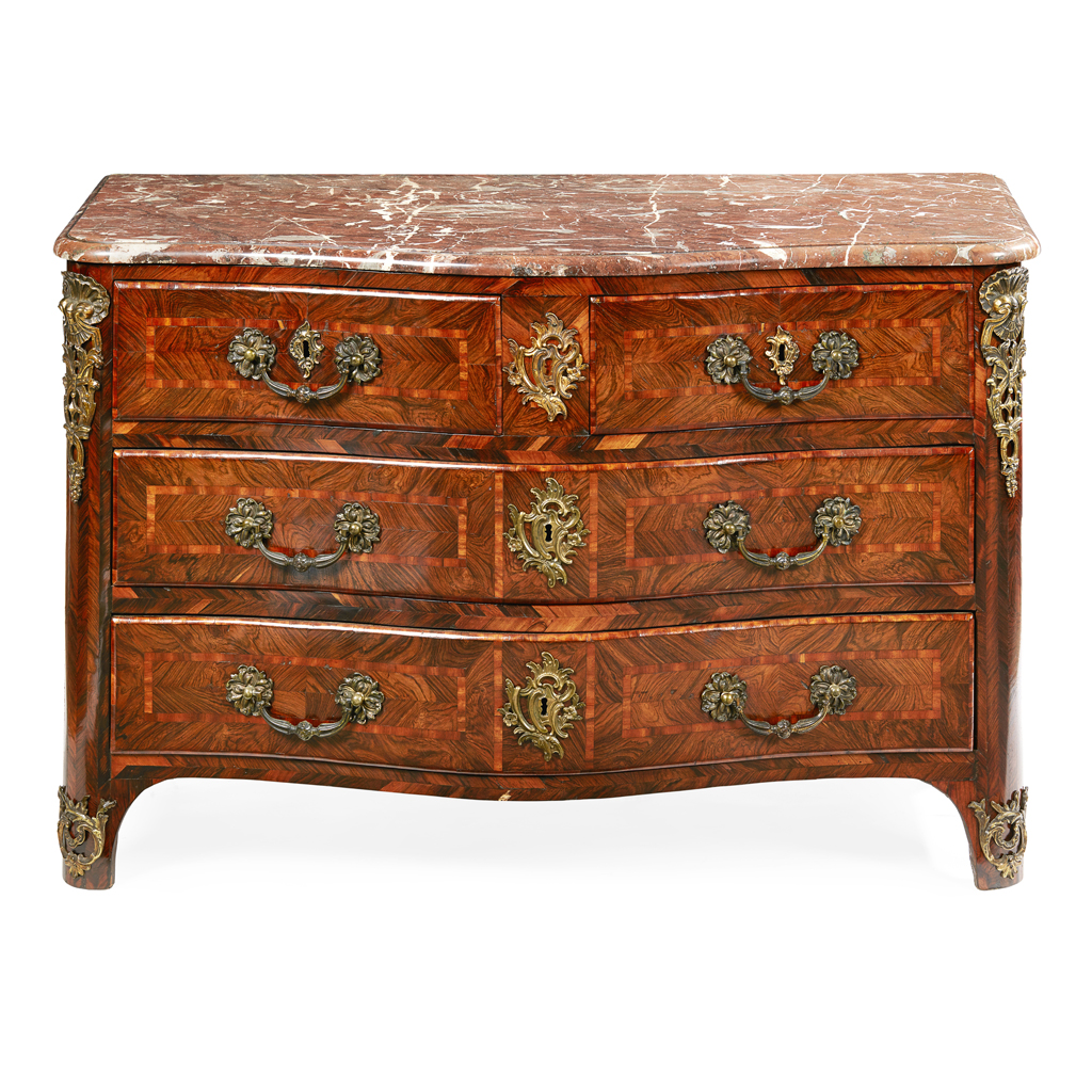 Appraisal: FRENCH REGENCE KINGWOOD AND ROSEWOOD PARQUETRY MARBLE TOP SERPENTINE COMMODE