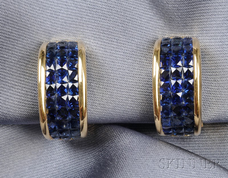 Appraisal: kt Gold and Sapphire Earrings rail-set with step-cut sapphires lg