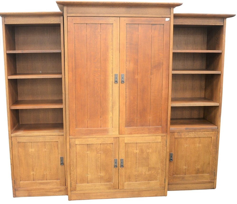 Appraisal: Stickley Mission Oak Entertainment Center in three parts with adjustable