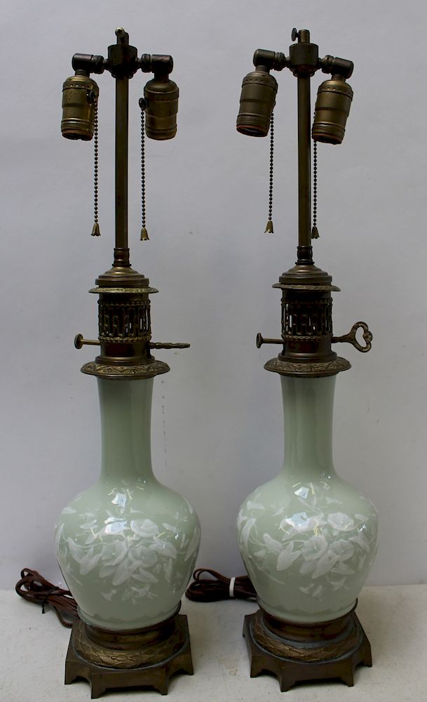 Appraisal: Pair of Antique French Celadon Pate Sur Pate Bronze Mounted