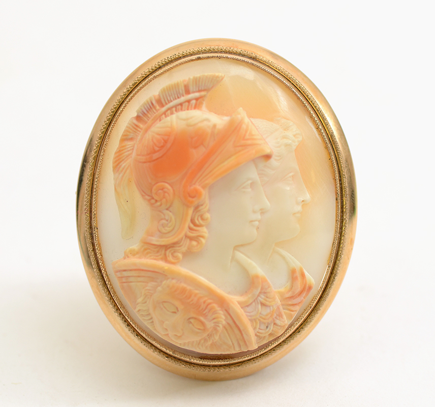 Appraisal: K NEOCLASSICAL-STYLE CAMEO ARES ATHENA Carved soft shell cameo portrait