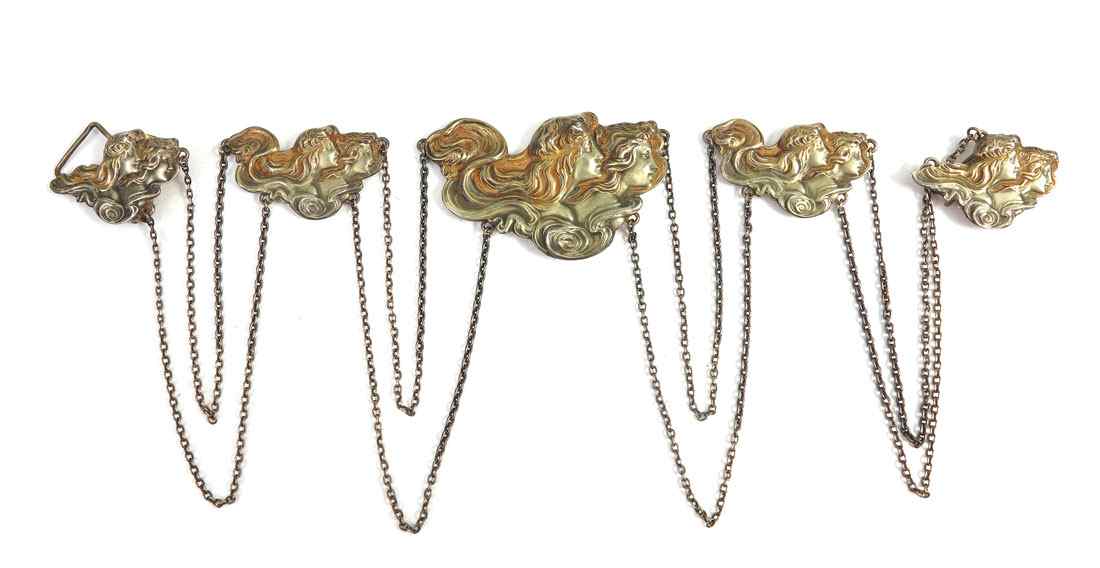 Appraisal: UNGER BROTHERS ART NOUVEAU STERLING BELT medallions featuring maidens busts