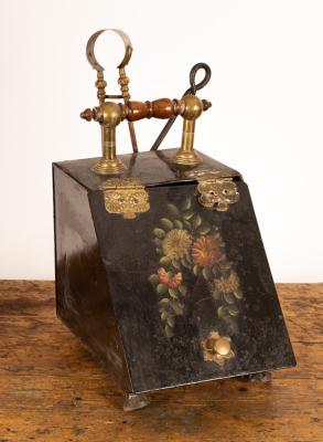 Appraisal: An ebonised coal hod a brass fire curb and sundry