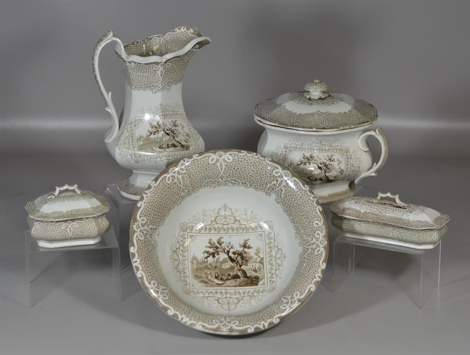 Appraisal: Five-piece brown transferware English Ironstone in the Gypsy pattern consisting